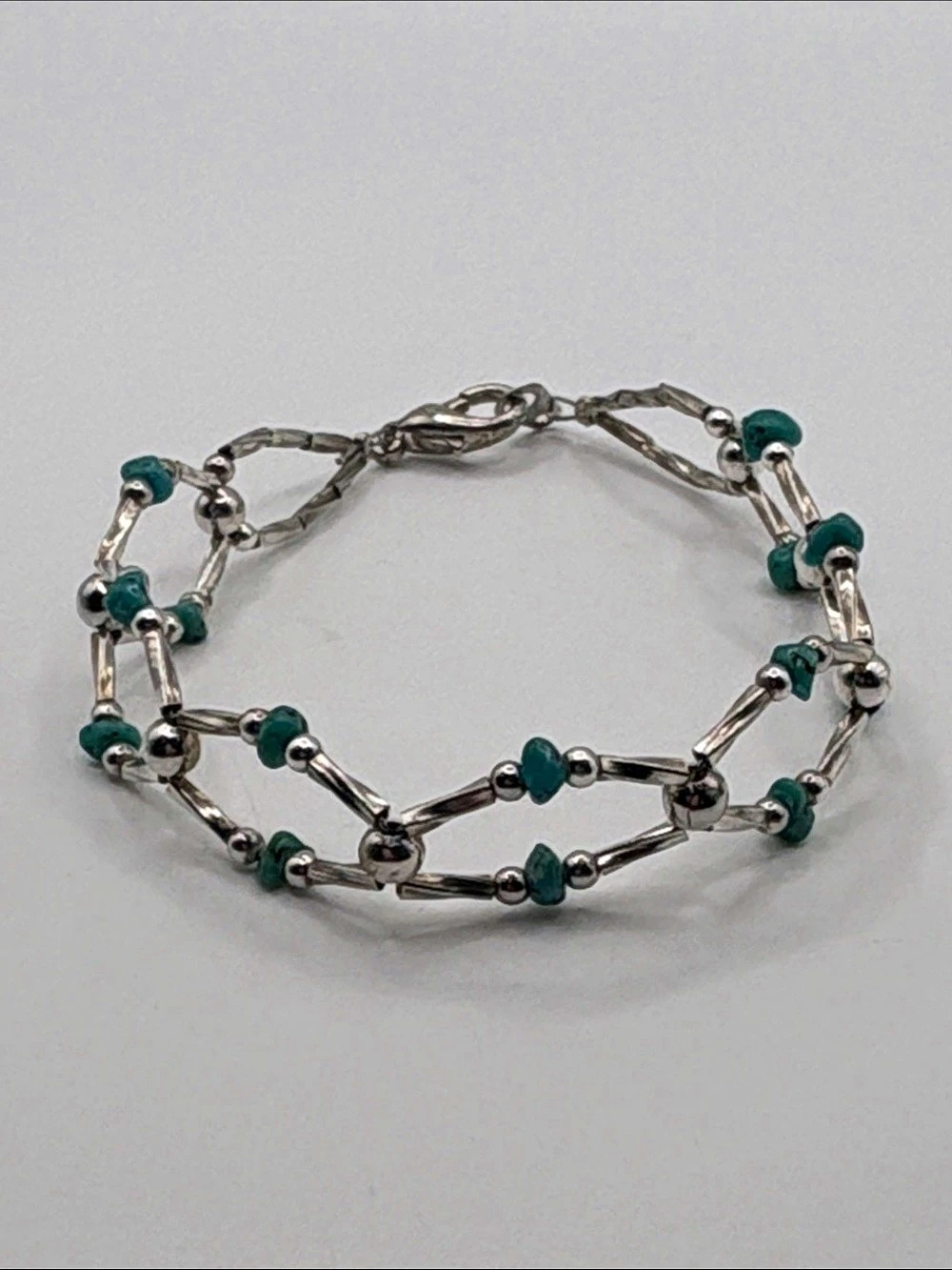 Dainty Nugget Beaded Link Bracelet in Silver & Turquoise Stone 7.75